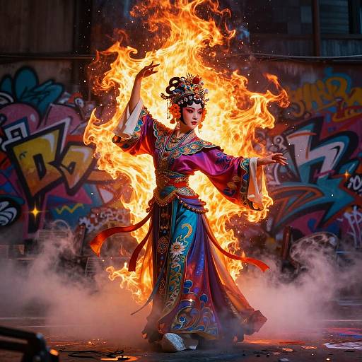 Chinese Opera Performer with Fiery Backdrop