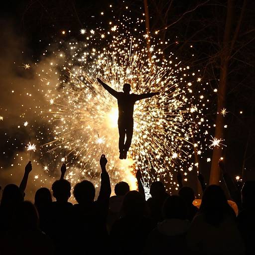 Photograph of a silhouetted crowd raising hands, with a person in mid-air, surrounded by vibrant golden fireworks at night.