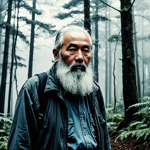 Elderly Bearded Man in Misty Forest