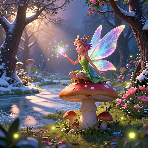 Digital fairy art: A vibrant fairy with translucent wings and green dress sits on a large red mushroom by a glowing stream, casting sparkling light in a snowy