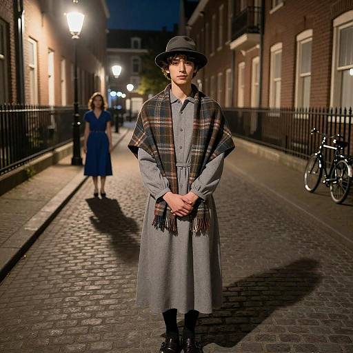 Noir Cobblestone Portrait with Plaid Shawl