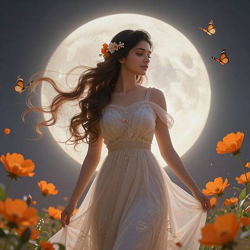 Photograph of a beautiful woman in an off-shoulder, lace wedding dress, surrounded by orange flowers and butterflies, with a full moon in the