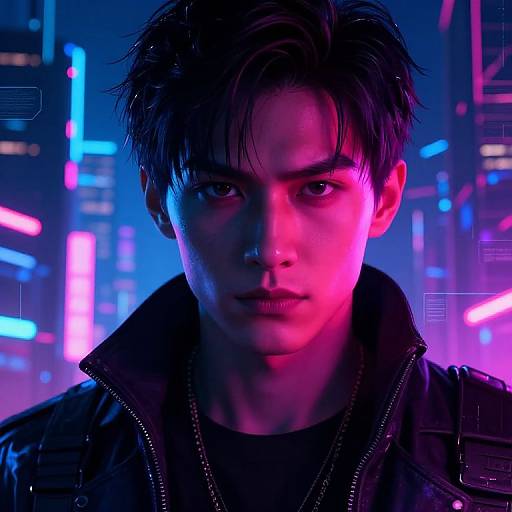 Digital artwork of a serious young man with dark hair, glowing neon cityscape background, vibrant blue and pink lights, black jacket, intense gaze, cyber