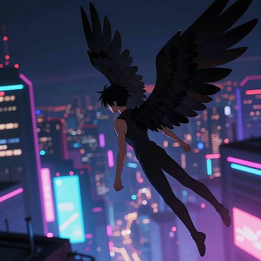 Cyberpunk Anime Black Wings Flight