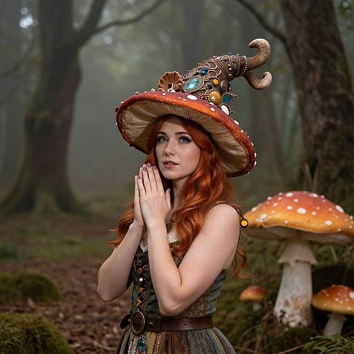 Photograph of a red-haired woman in a whimsical forest, wearing a detailed mushroom hat with jewelry, clasping hands, beside large orange-spotted