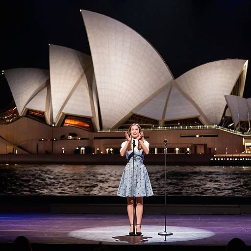 Photograph of a young woman in a blue, floral-patterned, knee-length dress, singing into a microphone on stage with Sydney Opera House illuminated in