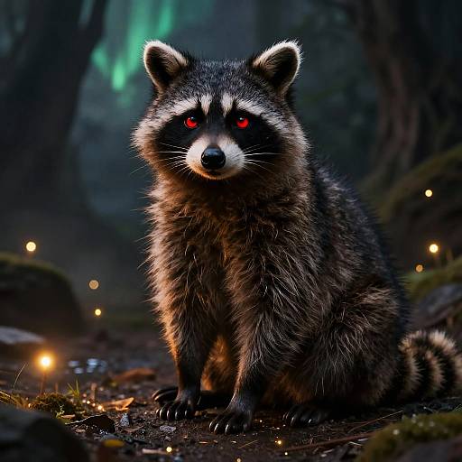 Anthro Fluffy Raccoon with Glowing Red Eyes in Dark Cave