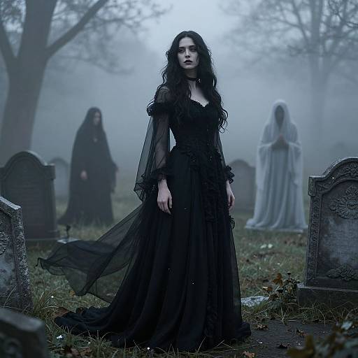 Gothic woman in flowing black dress stands in misty cemetery, surrounded by gravestones and ghostly figures, eerie blue lighting.