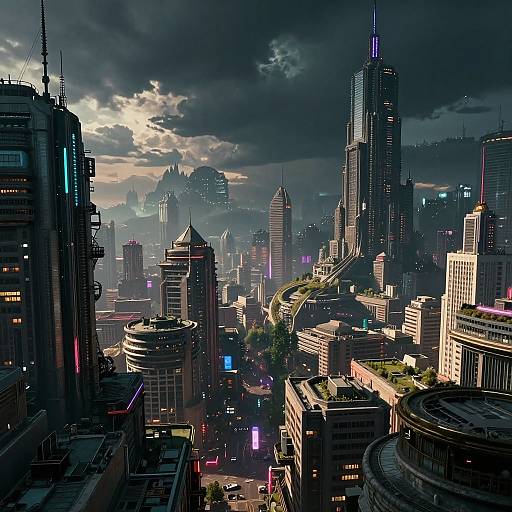 CGI cityscape at dusk; futuristic skyscrapers with neon lights, dark clouds, and a winding highway cutting through the urban landscape.