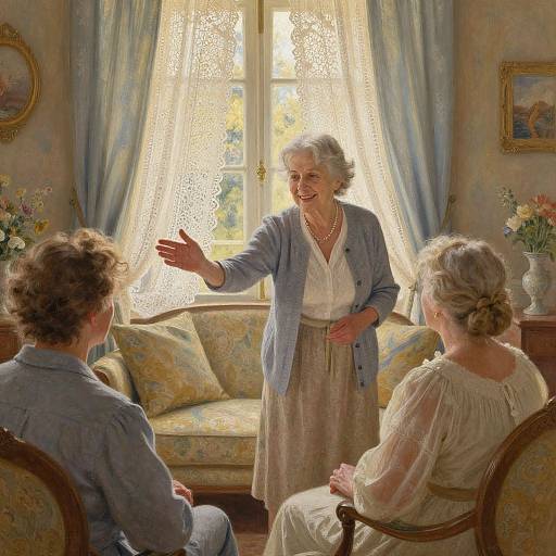 Photograph of an elderly woman with short white hair, wearing a blue cardigan and beige skirt, gesturing to two seated women in a sunlit