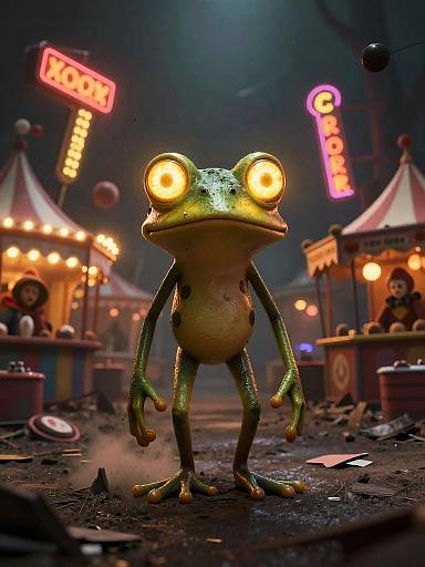 CGI image of a large, green frog with glowing yellow eyes standing in a neon-lit, nighttime carnival street.