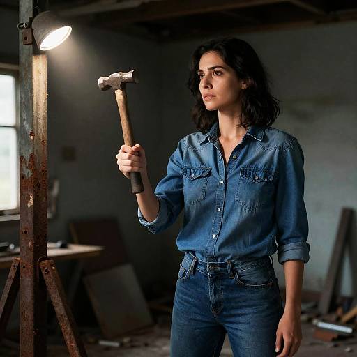 Woman Holding Hammer in Dimly Lit Room