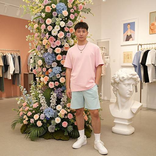 Young Asian man in pink shirt, light blue shorts, white sneakers stands in front of a colorful flower arch and white bust.