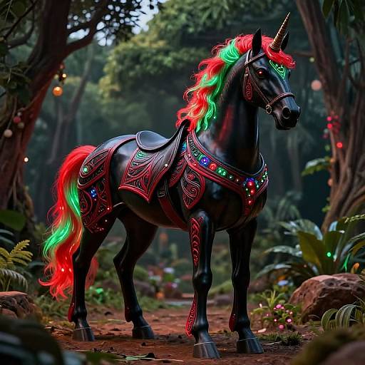 Digital artwork of a black unicorn with neon red, green, and blue mane, adorned in intricate, multicolored armor, standing in a lush,