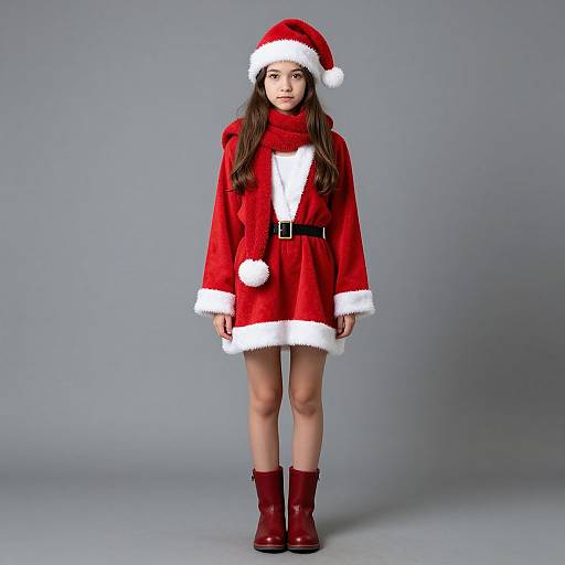 Photograph of a young girl with long brown hair, wearing a red Santa cloak, white fur trim, black belt, red boots, and Santa hat