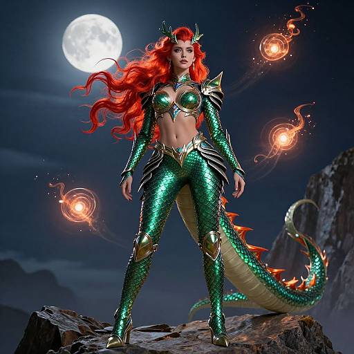 Emerald Dragon Girl on Moonlit Cliff