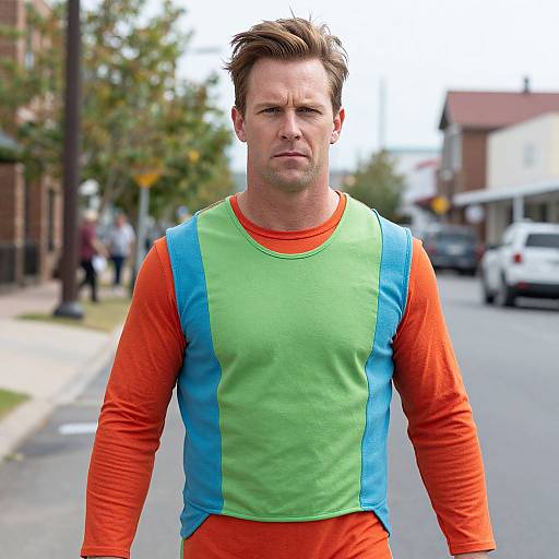 Photograph of a stern-looking Caucasian man with short brown hair, wearing a bright green and blue sleeveless shirt over an orange long-sleeve shirt