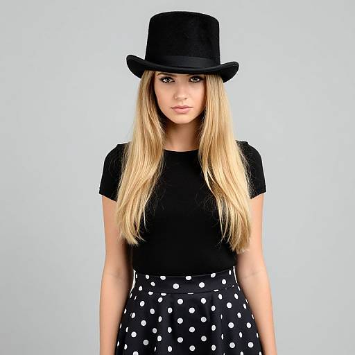 Photograph of a blonde woman with long hair, black hat, black top, and black polka dot skirt, standing against a plain white background.