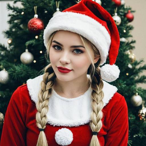 Young Woman in Santa Costume with Christmas Tree