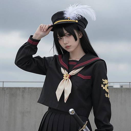East Asian Woman in Black Sailor School Uniform with Sword
