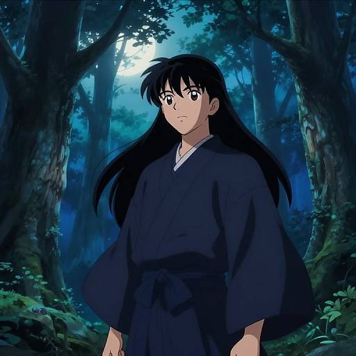 Anime-style drawing of a young man with long black hair, wearing a dark blue kimono, standing in a moonlit forest.