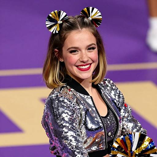Photograph of a smiling woman with blonde bob, wearing a sequined silver jacket, black top, and black-and-gold pom-pom headband