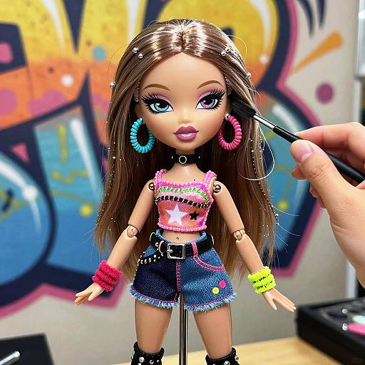 Photograph of a Bratz doll with long brown hair, wearing colorful hoop earrings, pink crop top, denim shorts, and wristbands, being touched