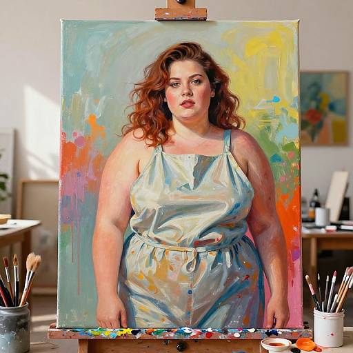 Photograph of a plus-sized woman with curly brown hair, wearing a light blue, shiny dress, painted on canvas in a bright, colorful, artist