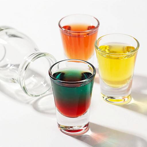 Photograph of three colorful shot glasses: red, green, and yellow, with a clear lid in the background on a bright white surface.