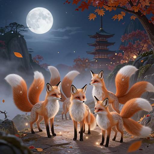 Digital artwork of six foxes with vibrant orange and white fur, standing under a full moon, surrounded by autumn leaves and a traditional Japanese pagoda in