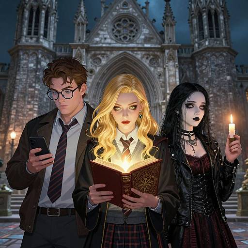 Digital art of a nerdy boy with glasses, a blonde witch, and a gothic girl, standing in front of a Gothic cathedral, each holding