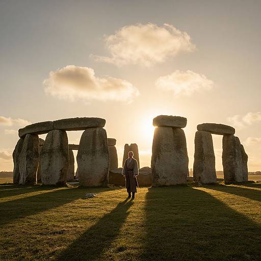 Photograph of a person standing in front of Stonehenge at sunset, with sunlight filtering through clouds, casting long shadows on the grass.