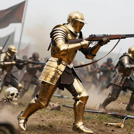 Photorealistic CGI: Golden-armored medieval warrior with rifle, lunging forward in battle. Background: Smoky battlefield, flag, other armored soldiers