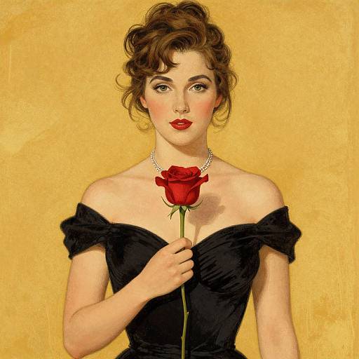 Digital illustration of a fair-skinned woman with curly brown hair, wearing an off-shoulder black dress, holding a red rose against a yellow background