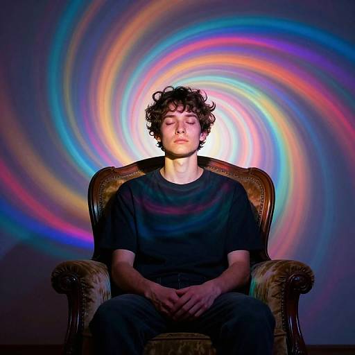 Photograph of a young man with curly hair, closed eyes, black t-shirt, and jeans, sitting in a vintage armchair, with a colorful