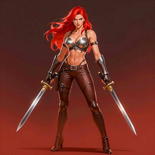 Fierce Red-Haired Female Warrior with Dual Daggers