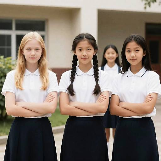 Three Schoolgirls in Uniform Outside