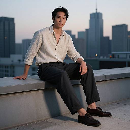 Photograph of an Asian man with short black hair, wearing a white button-up shirt and black pants, sitting on a rooftop ledge at dusk, city