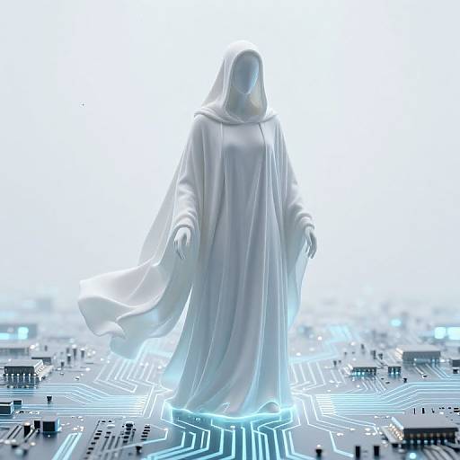 Digital rendering of a white-robed, faceless figure standing on a glowing, circuit-patterned floor, with a bright, ethereal background.