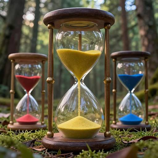 Photograph of three wooden hourglasses with yellow, red, and blue sand, set on mossy forest floor, blurred forest background.