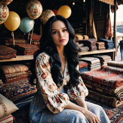 Woman Sitting on Antique Rugs in Market Stall