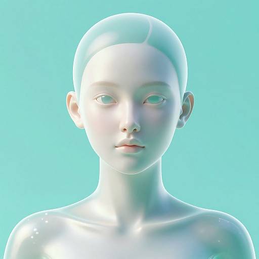 Digital CGI portrait of a bald, androgynous figure with smooth, glowing blue skin and light blue eyes, set against a bright cyan background.