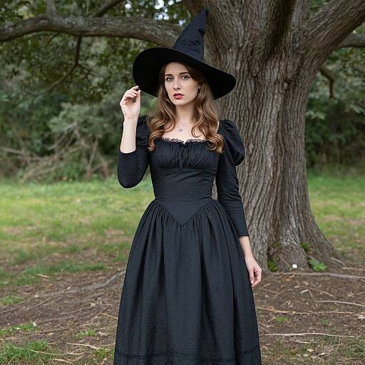 Photograph of a fair-skinned woman with long brown hair, wearing a black witch hat and dress, standing in a forested area by a large