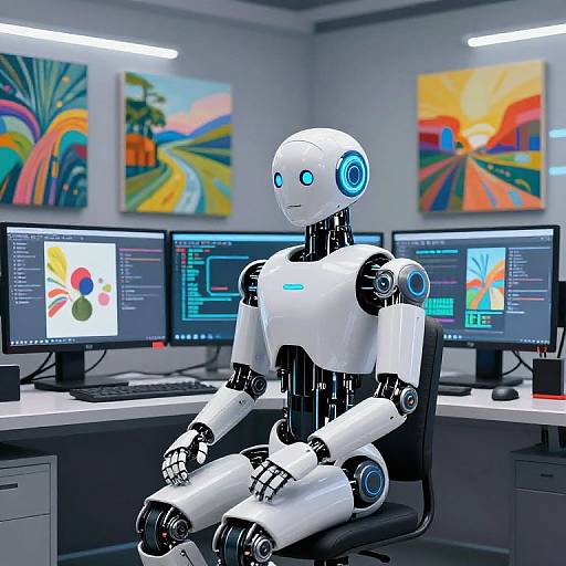 CGI image of a white, blue-eyed robotic humanoid sitting at an office desk with three monitors displaying colorful abstract art and design files, surrounded by vibrant