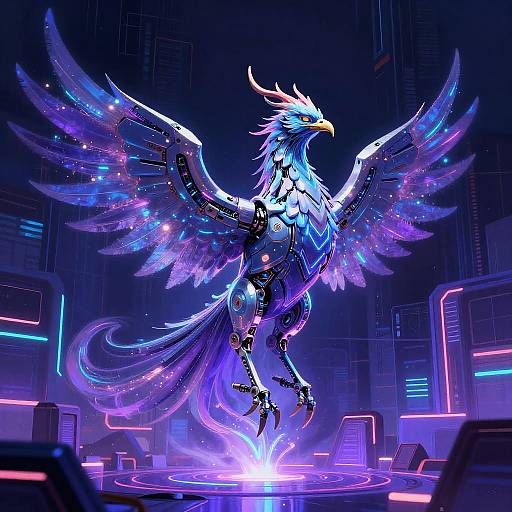 Digital art of a neon, cybernetic phoenix with glowing blue and purple feathers, mechanical wings, and a yellow beak, standing on a glowing
