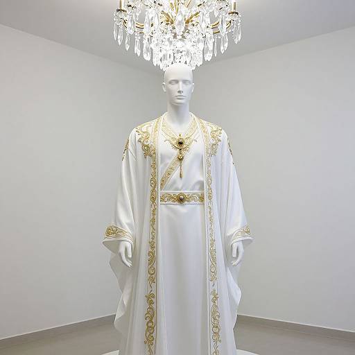 White mannequin wearing ornate, gold-embroidered white robe, standing under an elegant, crystal chandelier in a minimalist, white-w