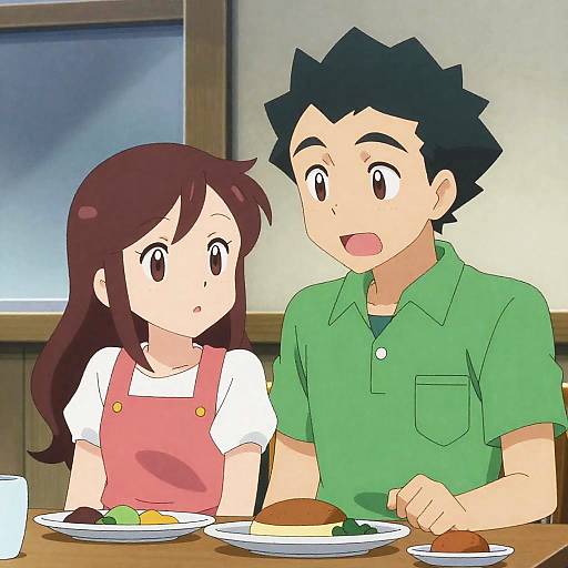Anime Couple Dining in Restaurant