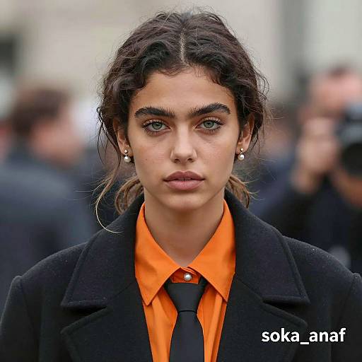 Young Woman in Black Coat and Orange Shirt