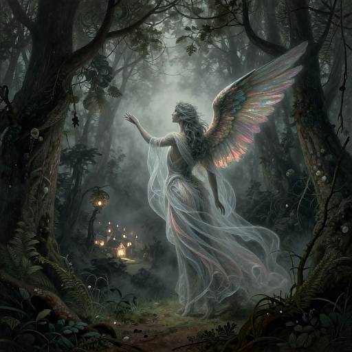 Digital fantasy artwork of a glowing, winged angel in a misty forest, wearing a flowing, translucent gown, reaching forward with an outstretched