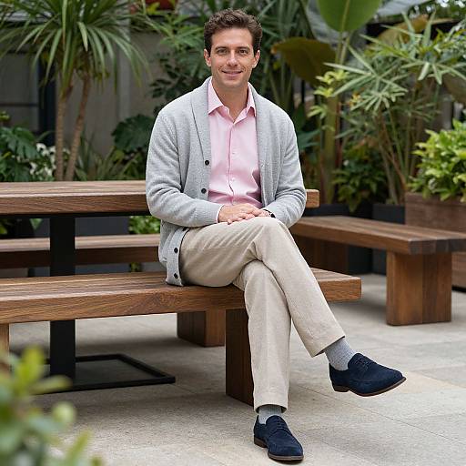 Photograph of a smiling man with short dark hair, light skin, wearing a gray cardigan, pink shirt, beige pants, black shoes, sitting